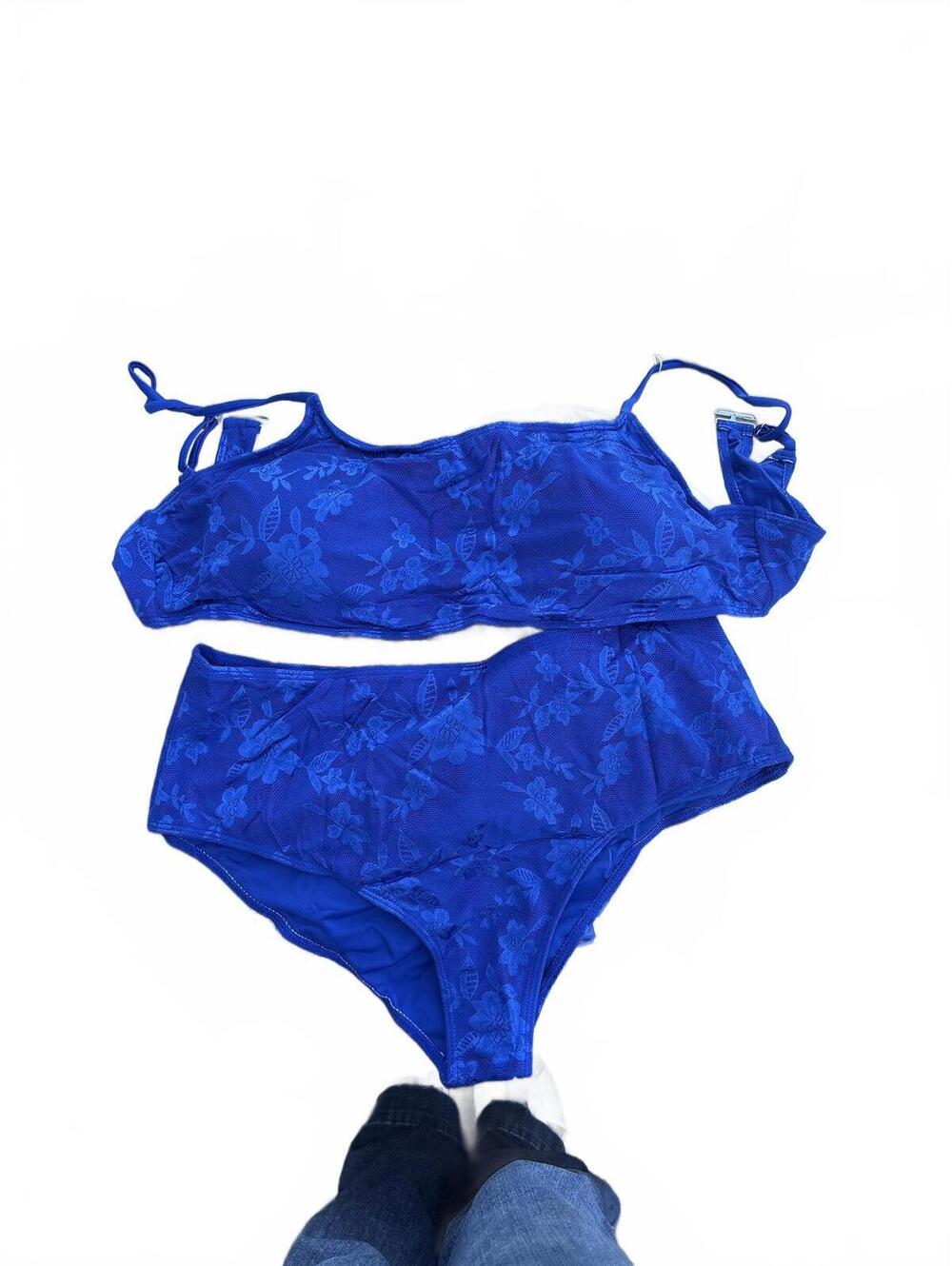 Royal Blue Floral Lace High Waisted Bikini Set Two Piece Swimwear Medium